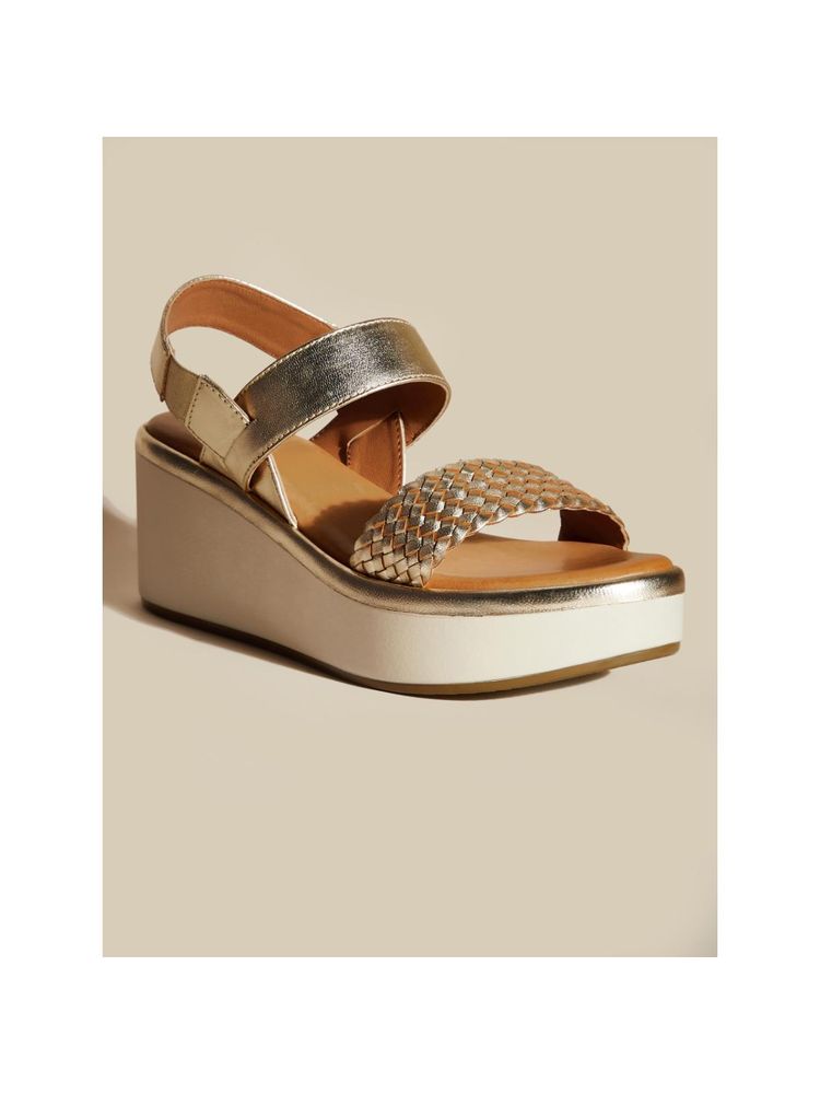 Peach Flores Women Gold Leather Sandals-image-2