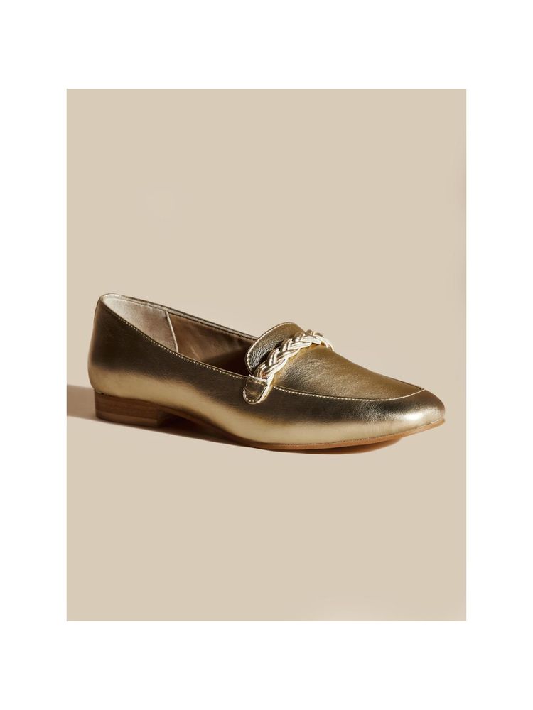 Peach Flores Women Gold Leather Loafers-image-3