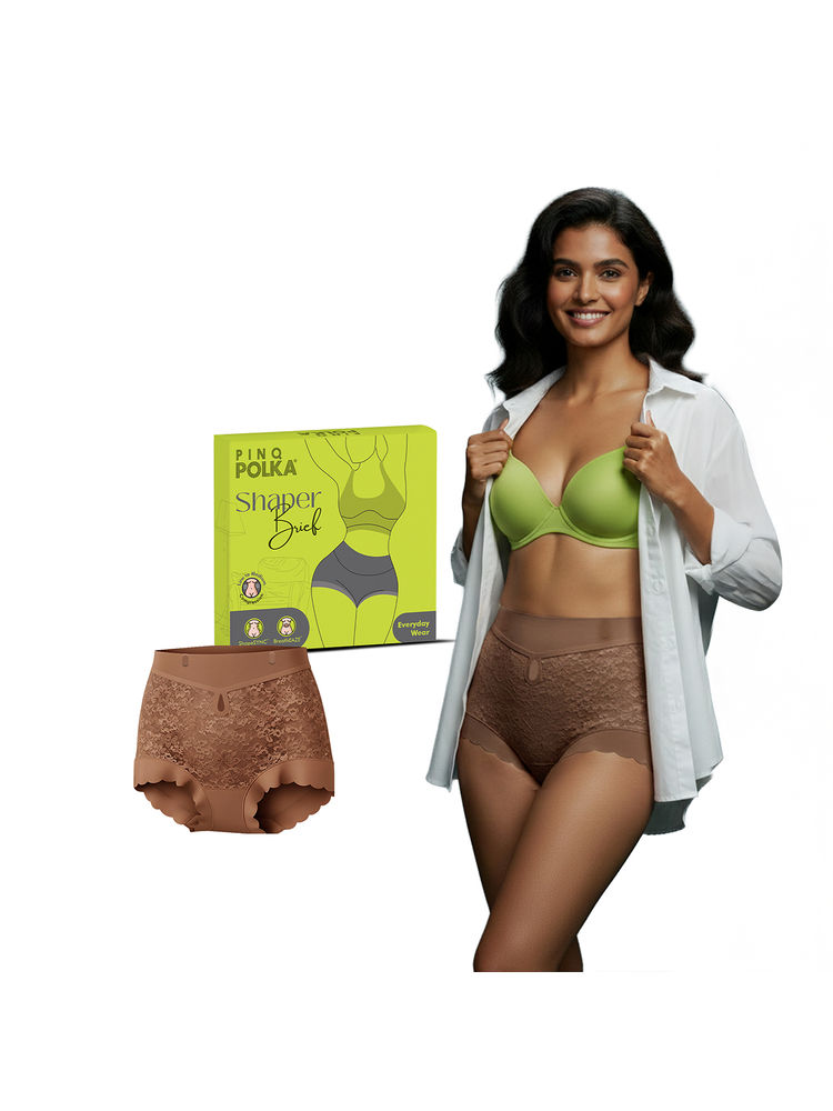 PINQ Polka Shapewear Tummy Tucker Everyday Brief Panty No Rolling Lace Detailing (Mocha)-image-19