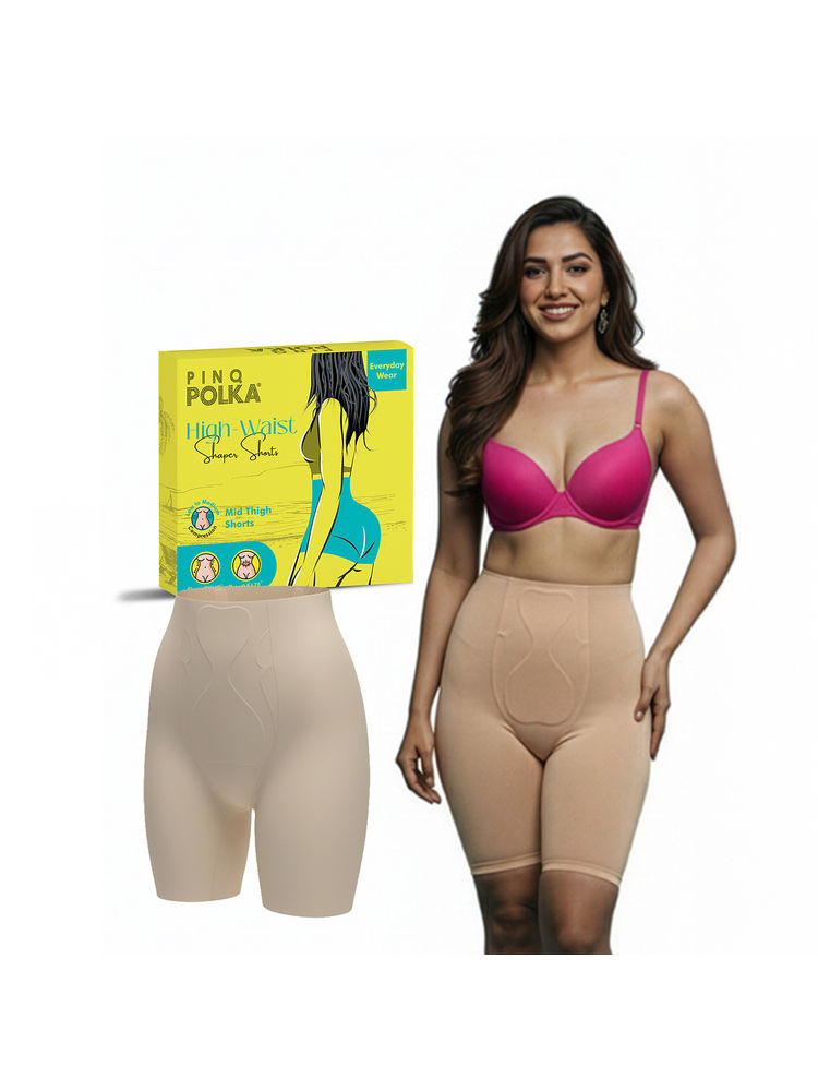PINQ Polka High-Waist Tummy Control Shorts Metal Strand- No Rolling Medium Compression (Nude)