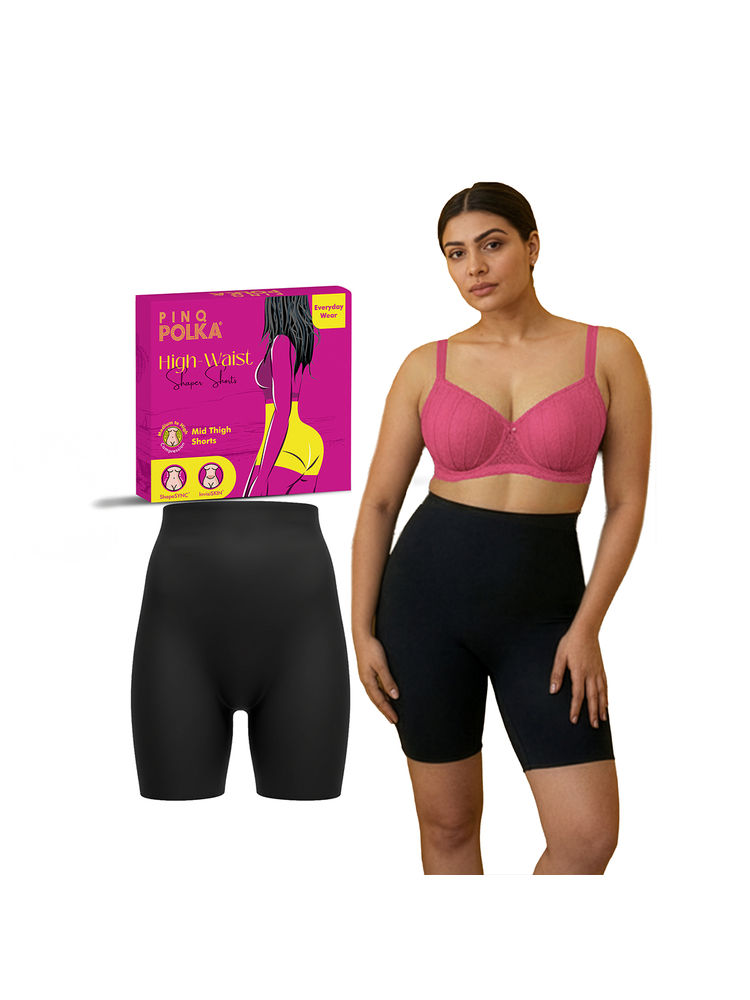 PINQ Polka High-Waist Tummy Control Shorts Shaper Metal Strand- No Rolling (Black)