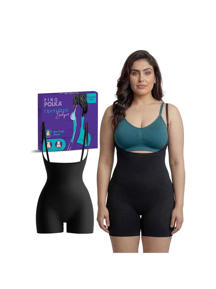 PINQ Polka Bodyshaper Open Bust Bodysuit Shorts Tummy - Easy-Pee Access (Black)