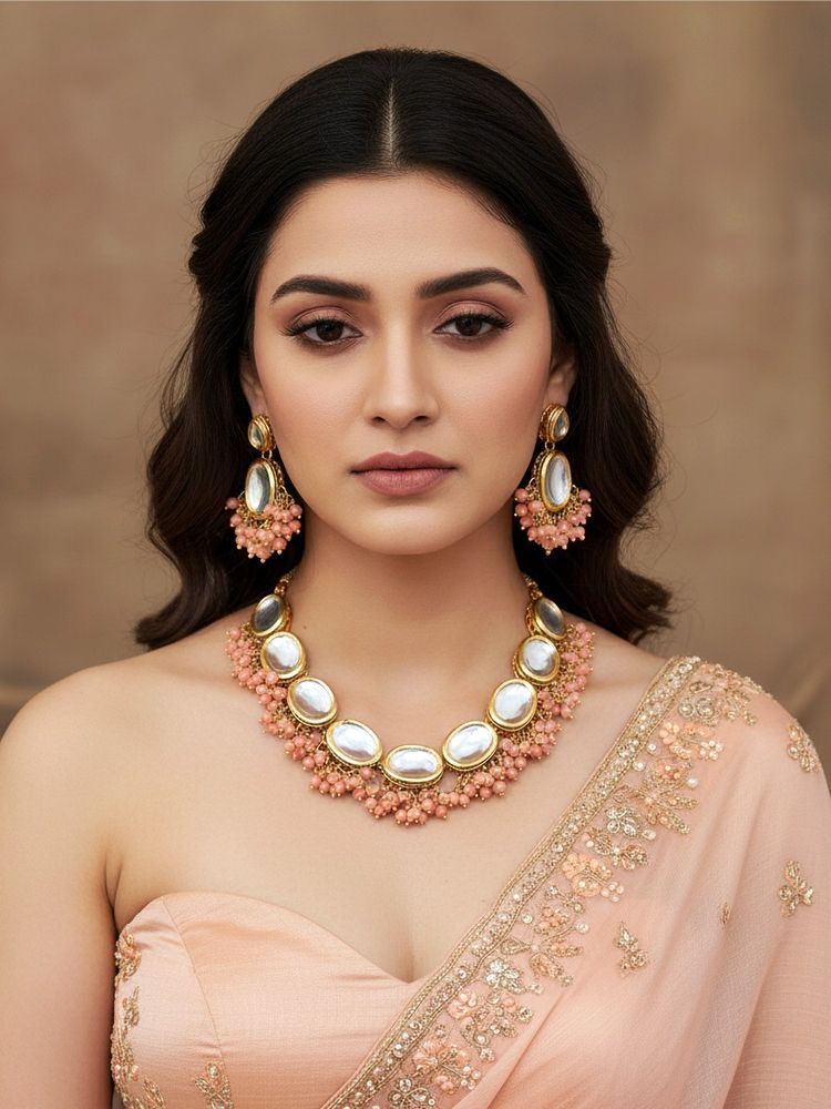 LUCKY JEWELLERY 18k Gold Plating Back Minakari Peach Kundan Jewellery Set-image-19