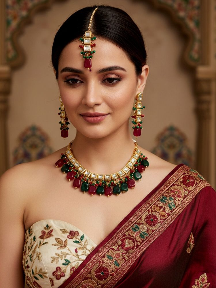 LUCKY JEWELLERY 18k Gold Plating Multi-coloured Kundan Necklace with Pair of Earrings and Mang Tikka-image-11