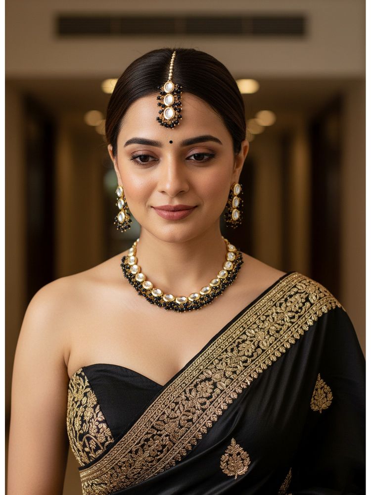 LUCKY JEWELLERY 18k Gold Plating Kundan Choker Black Necklace with Pair of Earrings and Mang Tikka-image-10