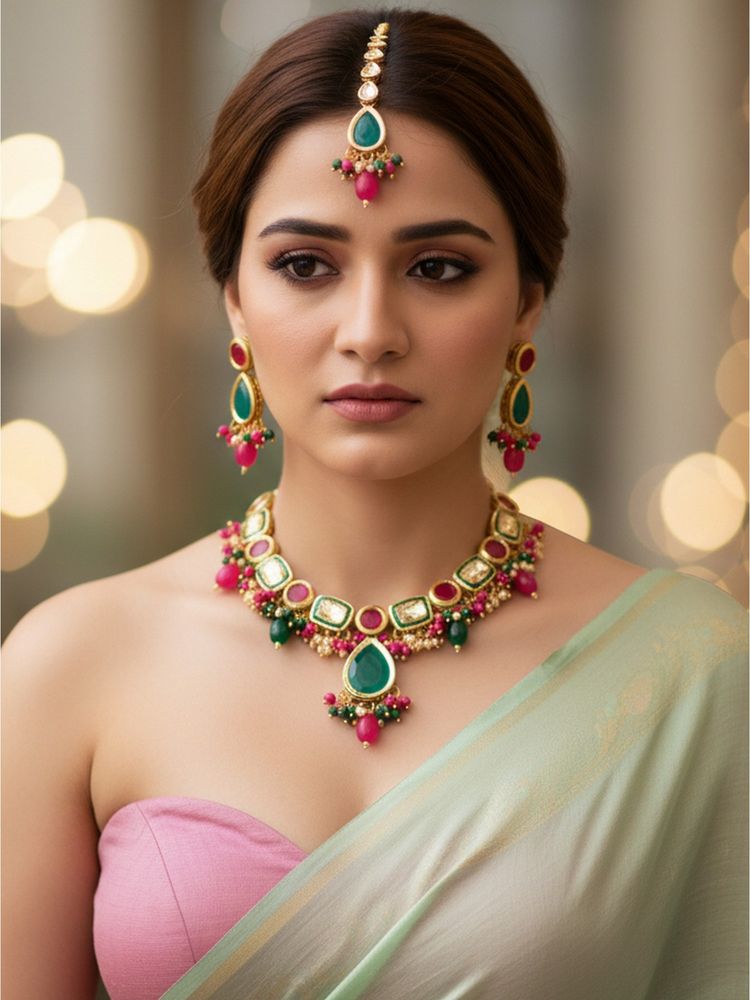 LUCKY JEWELLERY 18k Gold Plating Kundan Multi-coloured Necklace with Pair of Earrings and Mang Tikka-image-12
