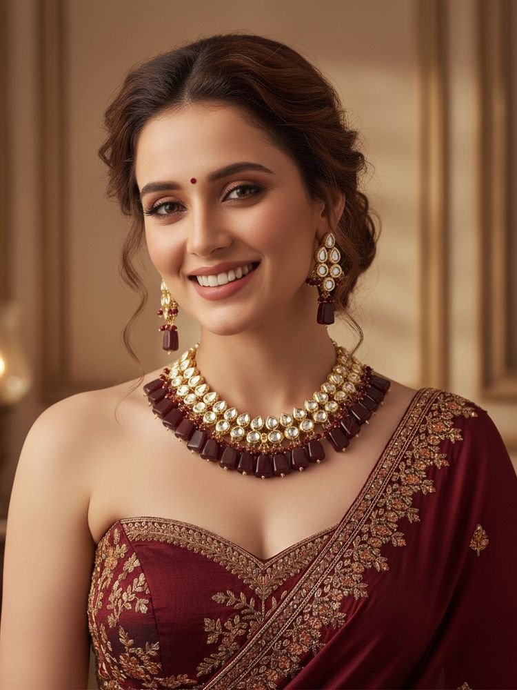 LUCKY JEWELLERY 18k Gold Plating Back Minakari Maroon Kundan Jewellery Set-image-23