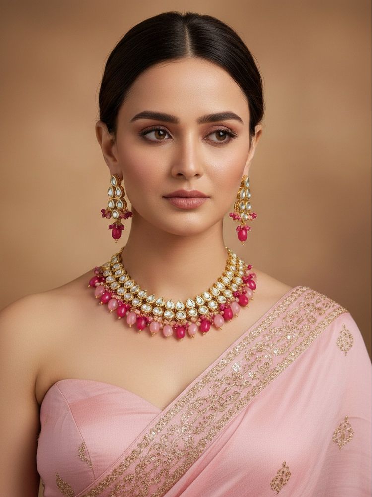 LUCKY JEWELLERY 18k Gold Plating Back Minakari Pink Kundan Jewellery Set-image-20