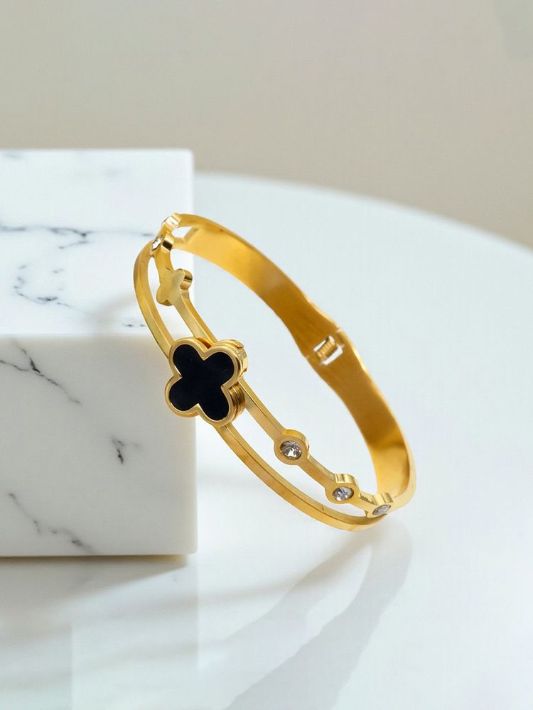 Designs & You Black Gold Plated Clover Themed Bangle Style Bracelet-image-42