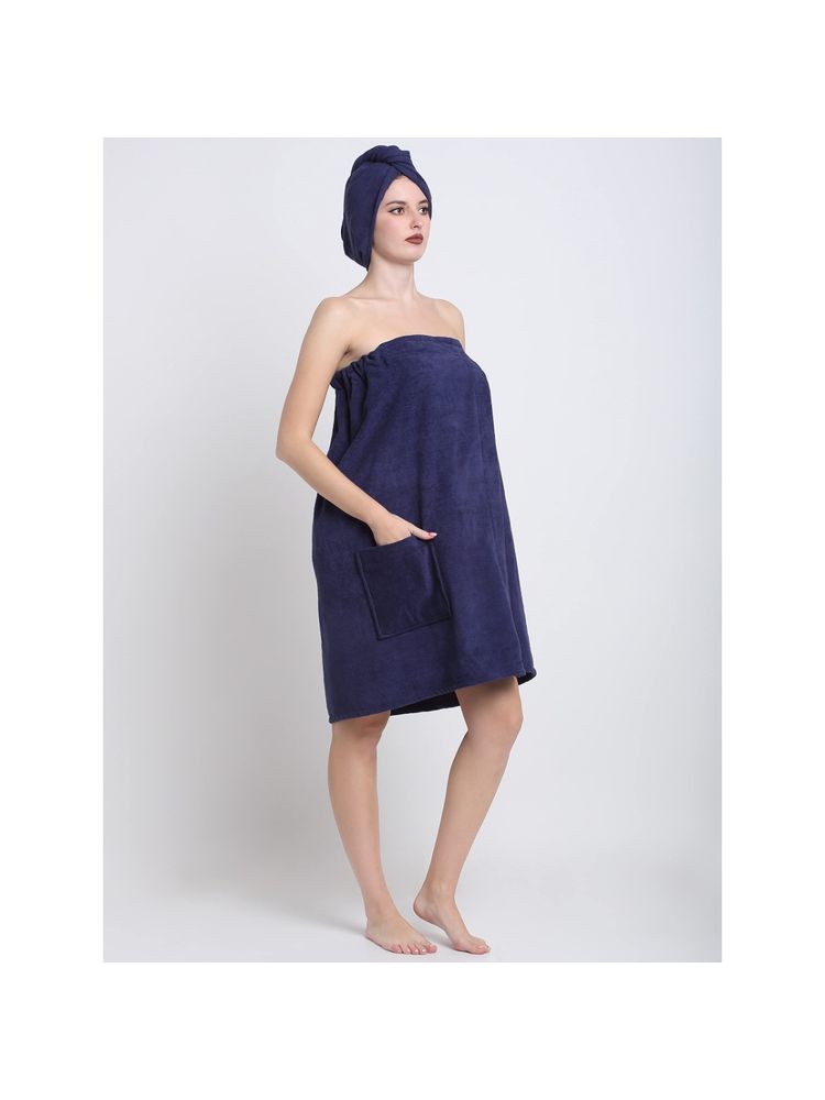 Creeva Navy Blue Cotton Bath Wrap-image-27