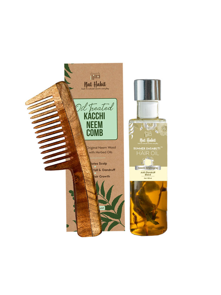 Nat Habit Wide Tooth Kacchi Comb & Neem Bhringraj Summer Dasabuti Hair Oil-picture-17