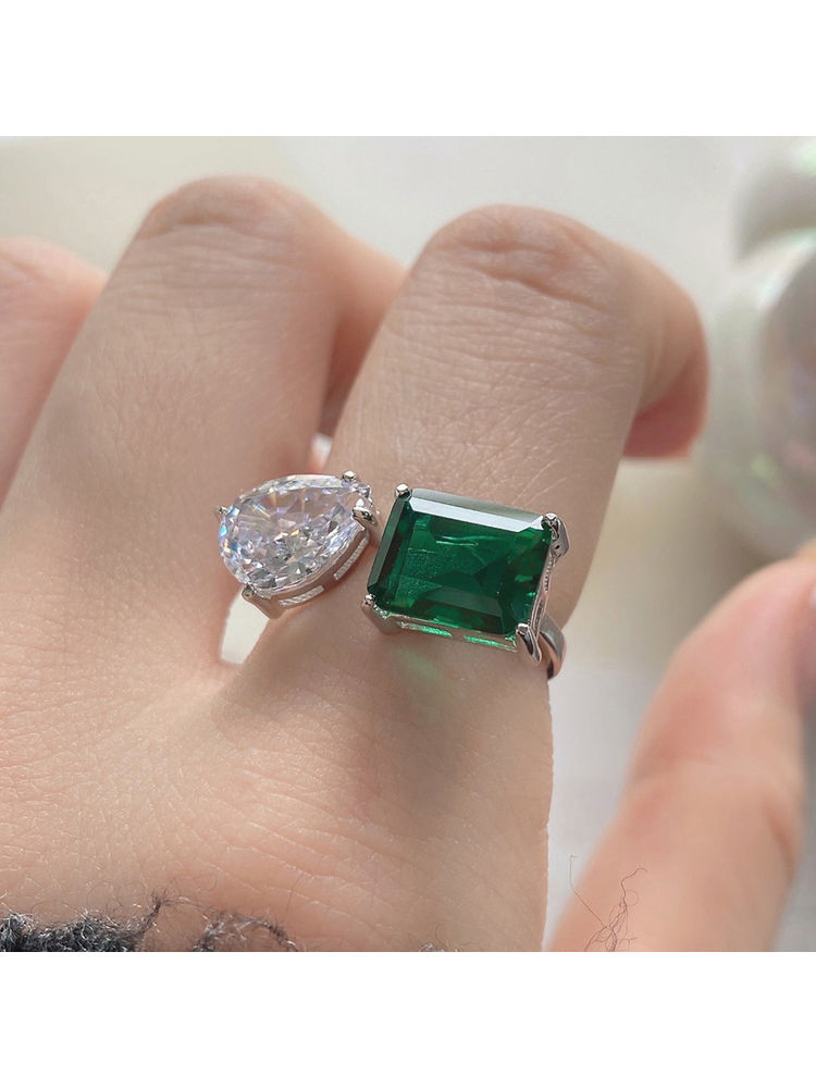 Designs & You Silver Plated Crushed Ice Cut Green Finger Ring-picture-11