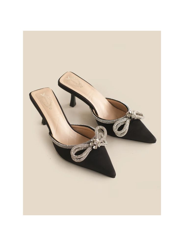 Shoetopia Crystal Embellished Double Bow Pointed Toe Black Heels