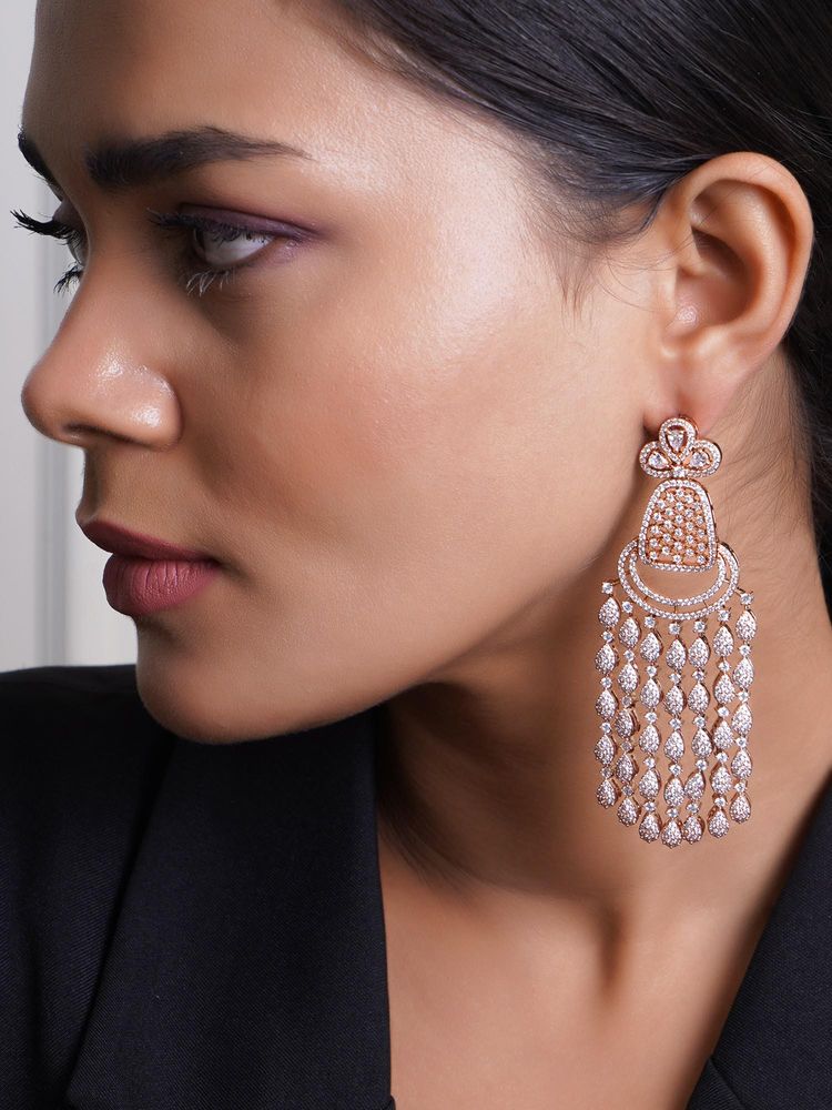 Adwitiya White Rose Gold Plated CZ Stone Studded Hanging Earrings-image-35