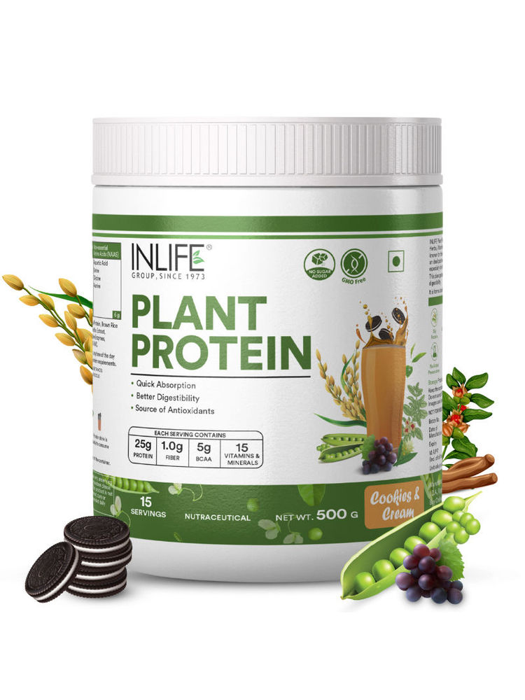 Inlife Plant Protein Powder - Pea, Quinoa & Brown Rice - 25g Protein - (Cookies & Cream, 500g)
