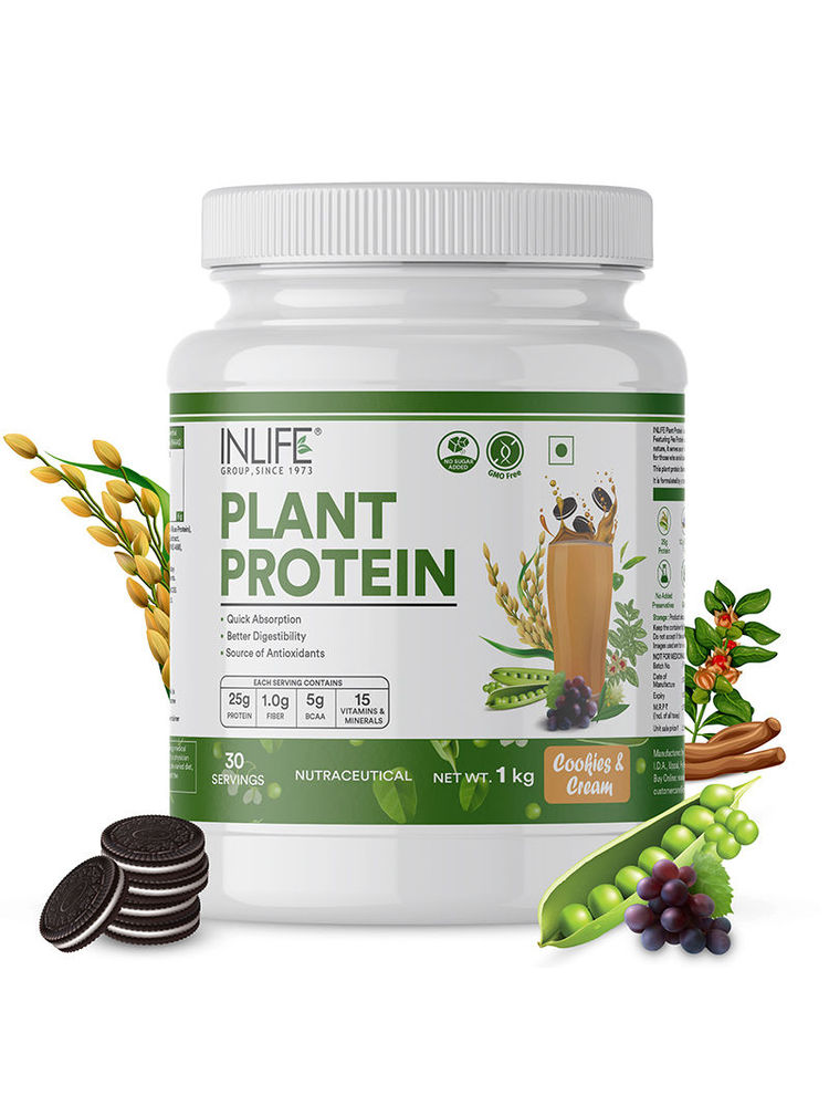 Inlife Plant Protein Powder - Pea, Quinoa & Brown Rice - 25g Protein - (Cookies & Cream, 1kg)-picture-27