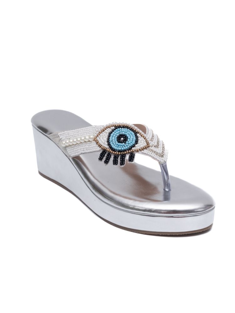Dapper Feet V Strap Evil Eye Platform Slippers - Silver-picture-26