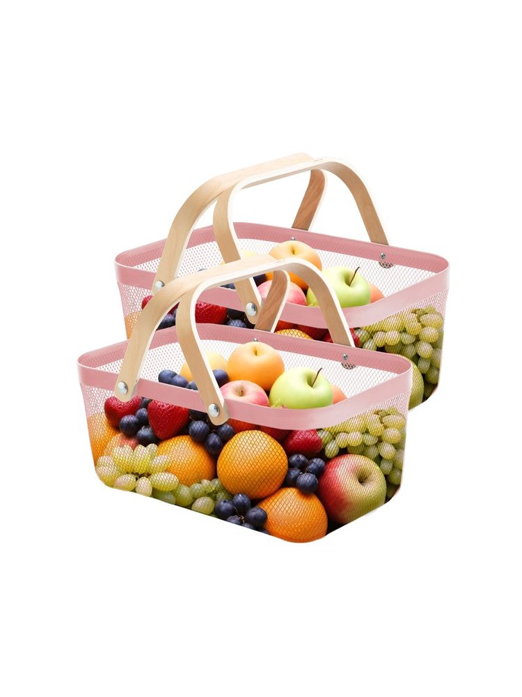 UMAI Rectangular Metal Mesh Basket with Wooden Handle Pink Multipurpose-picture-47