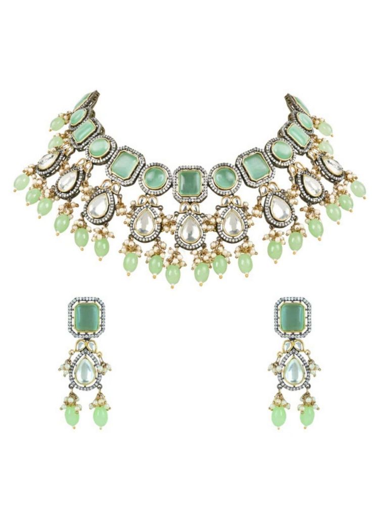 I Jewels Gold-Plated Green-Coloured Polka Kundan Studded Beaded Jewellery Set-image-44