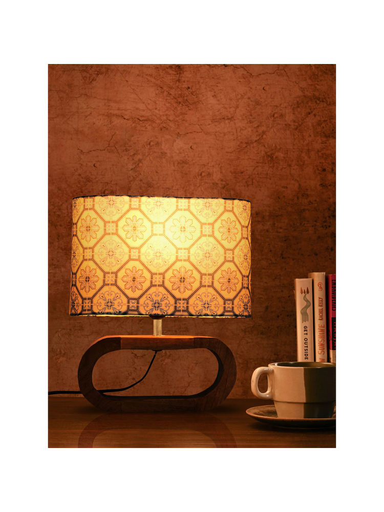 Green Girgit Wooden Oval Lamp with Moroccan Blue tile print shade-image-5
