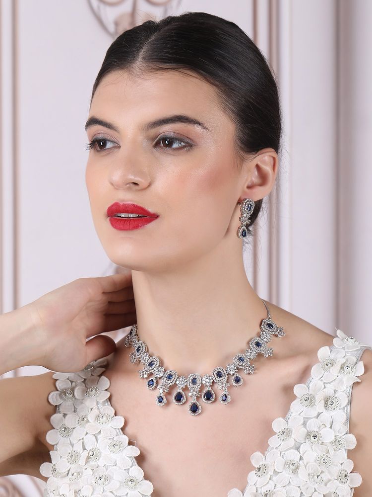 STILEADDA Luxurious Blue Silver-Plated Ad Waterfall Necklace Set-picture-15