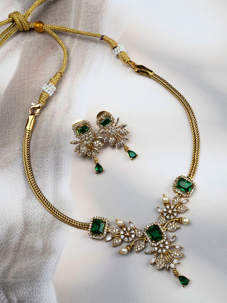 STILEADDA Ruby Green Ad Pearl Flower Necklace Set-picture-20