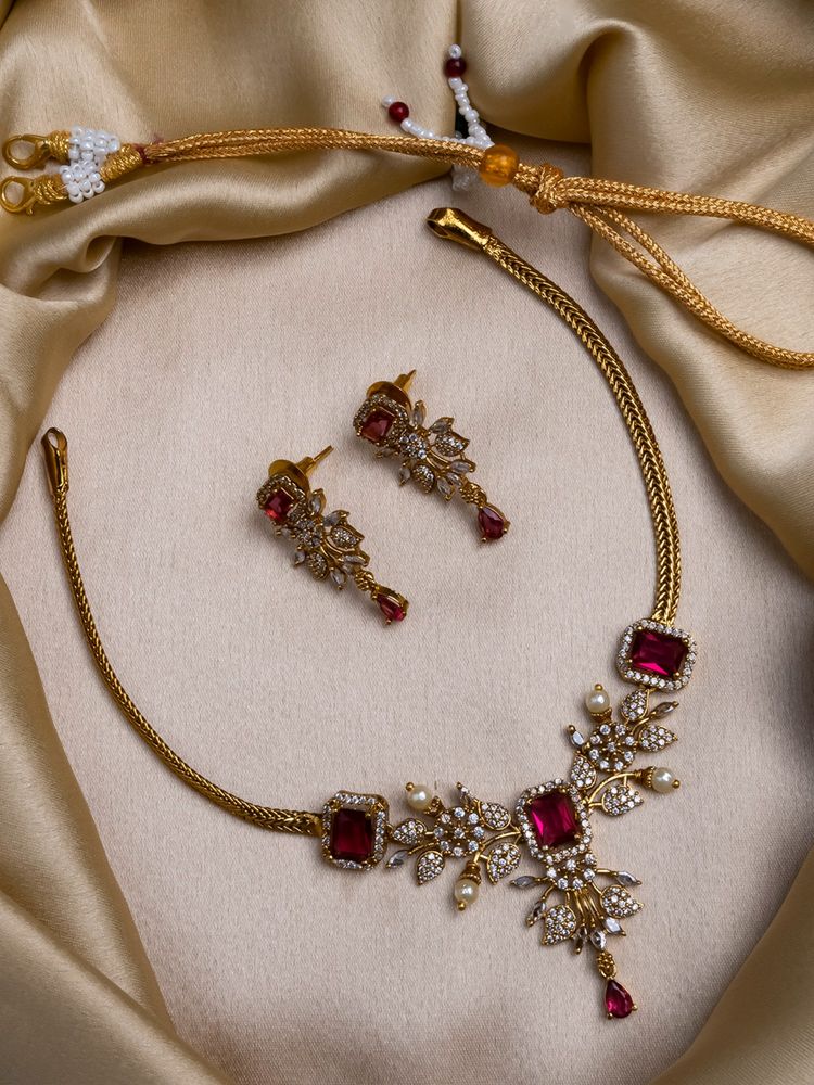 STILEADDA Ruby Red Ad Pearl Flower Necklace Set-picture-14