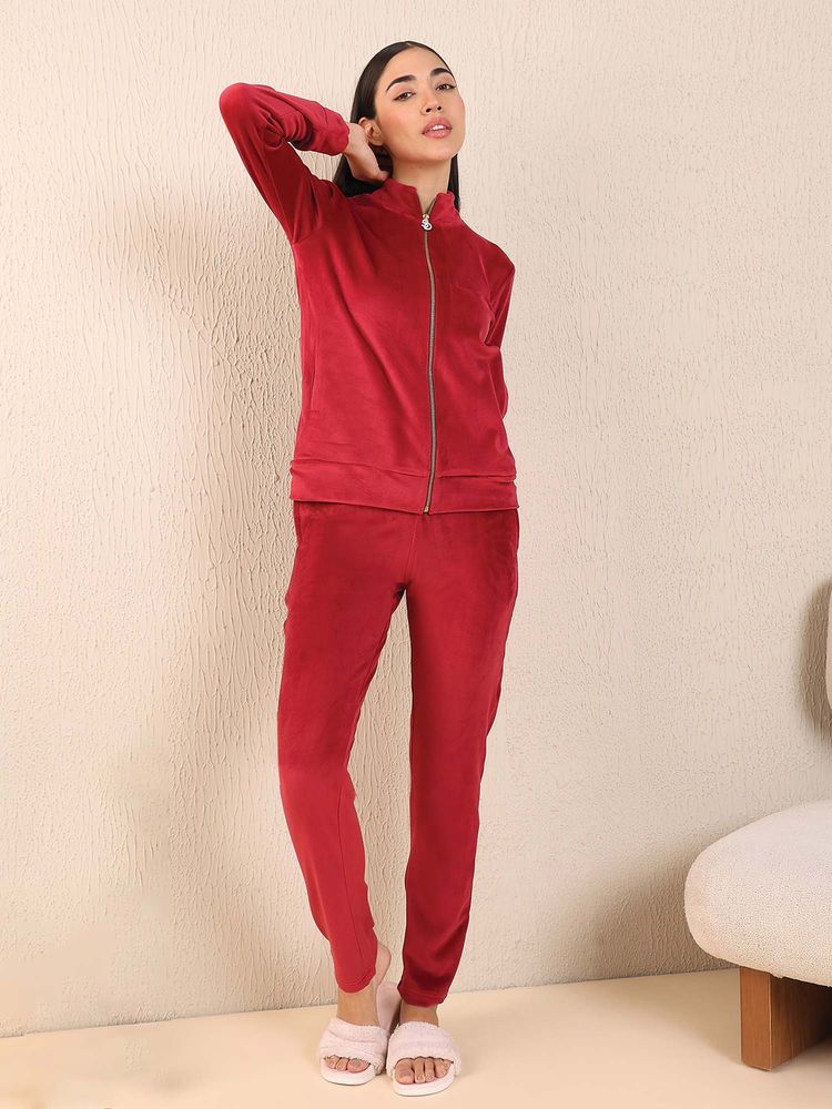 Sweet Dreams Women Red Velour Spandex Front Open Tracksuit-picture-10