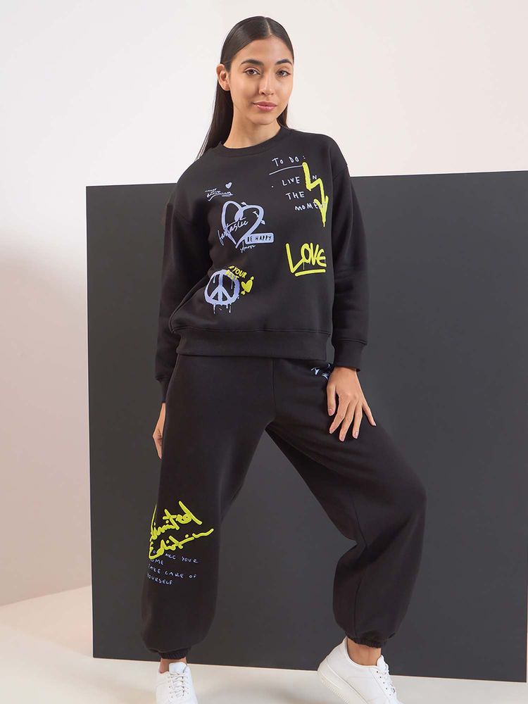 Sweet Dreams Women Black Printed Sweatshirt with Joggers-image-4