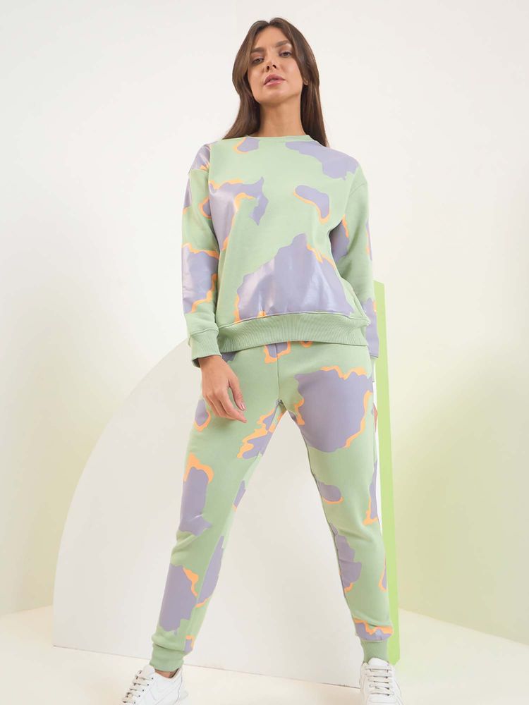 Sweet Dreams Women Green Printed Sweatshirt with Joggers-image-4