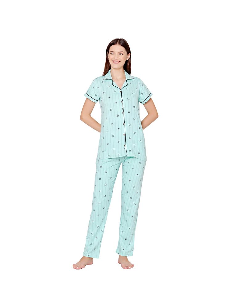 Bodycare Womens Cotton Printed Night Suit Of Shirt & Pyjama -BSNS18013 Blue (Set of 2)-picture-10
