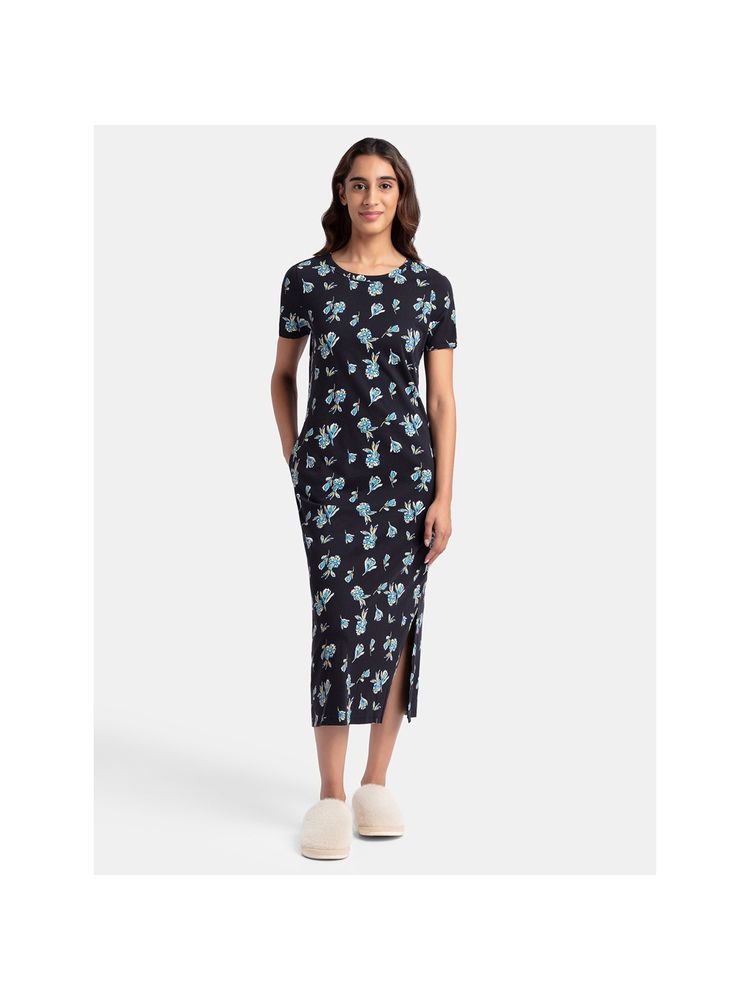 Jockey RX79 Women Super Combed Cotton Long Length Printed Lounge Dress - Black-picture-19