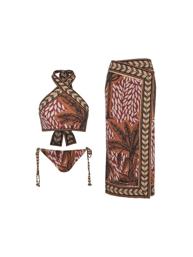 Addery Tropical Print Halter Bikini with Cover-Up Sarong (Set of 3)-picture-48