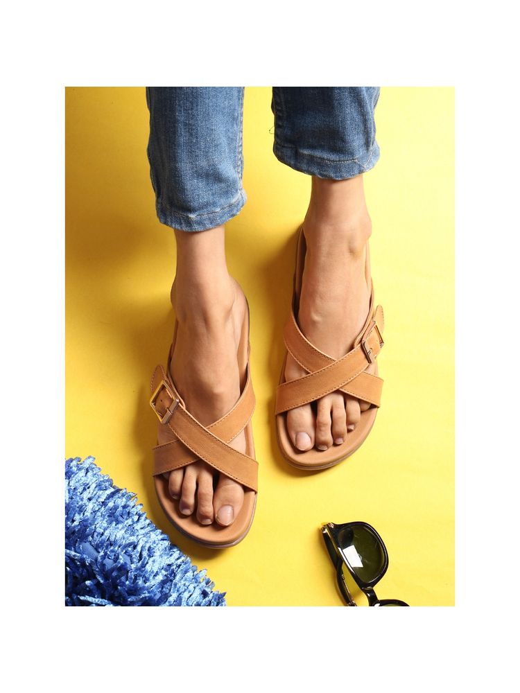 ELLE Tan Women Buckle Flats