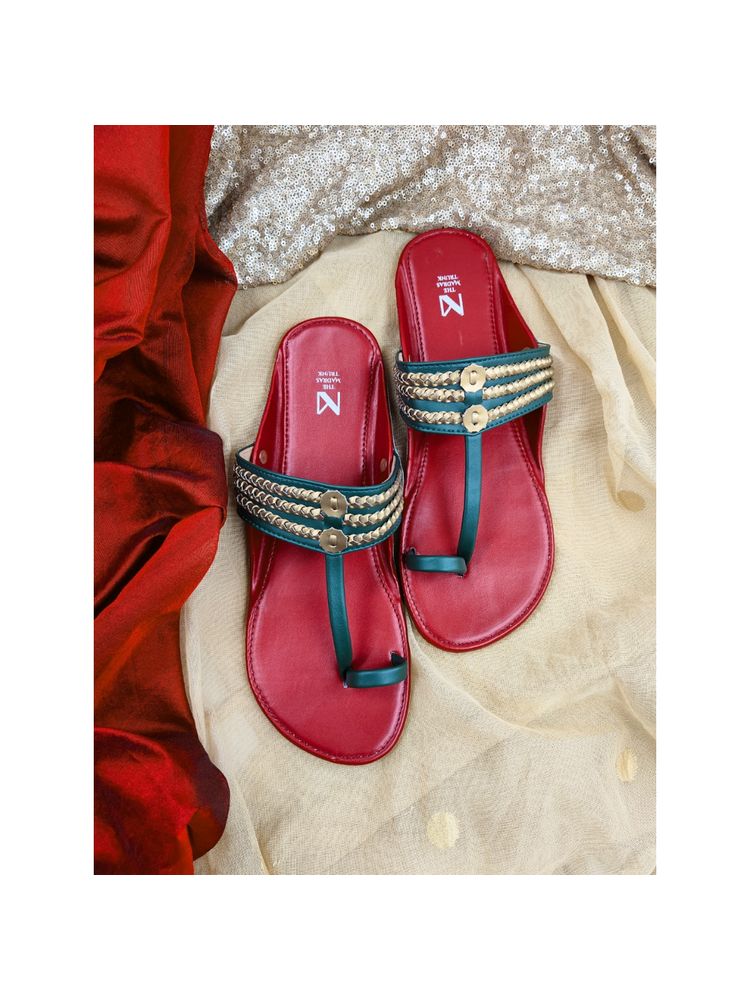 The Madras Trunk Maroon Green Haiku Ruhi Braided Flat Kolhapuri-image-41