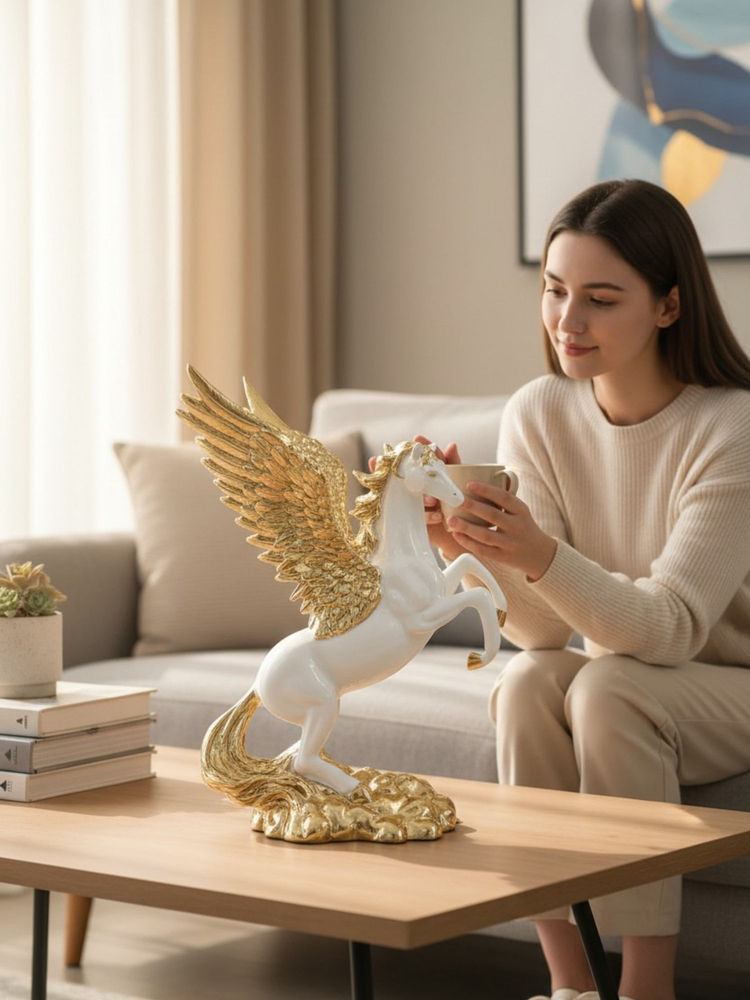 Smokey Cocktail White Heavenly Horse Golden Wings Decor Sculpture-image-1