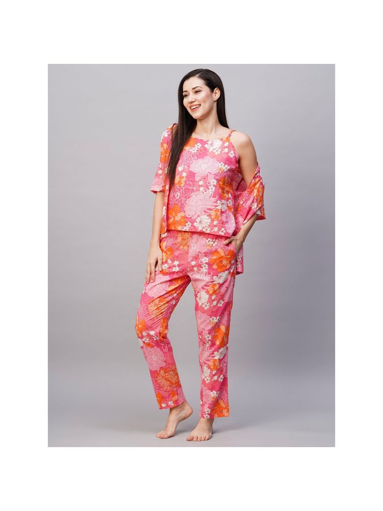 Drape In Vogue Women Pink Floral Print Night Suit (Set of 3)-picture-27
