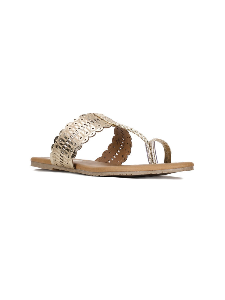 Bata Patterned Gold Flats-image-14