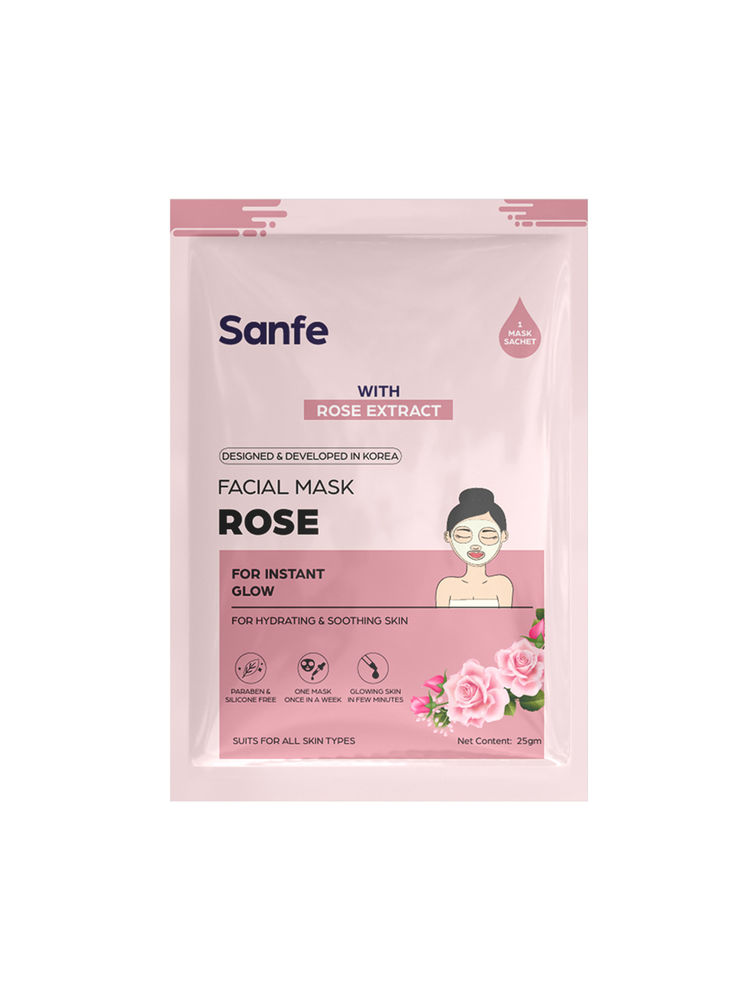 Sanfe Instant Glow Rose Facial Mask | 100% fruit extracts, Korean Mask | 1pc, 25gm