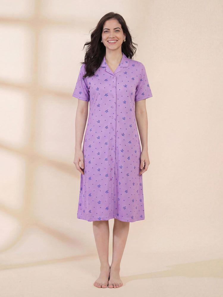 Secret Wish Lavender Star Print Hosiery Padded Nighty-image-40