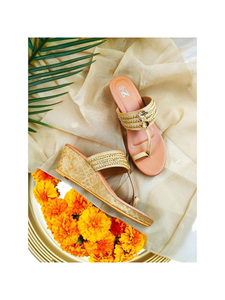 The Madras Trunk Women Gold Wedges Kolhapuris Heels-image-20