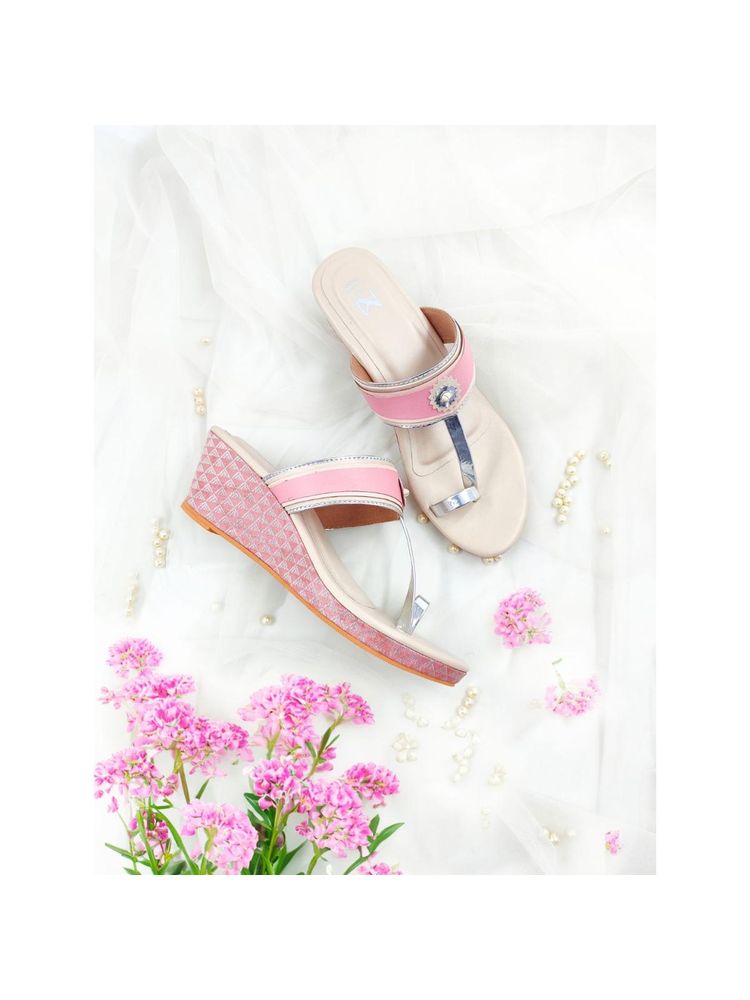 The Madras Trunk Women Pink Wedges Kolhapuris Heels-image-16