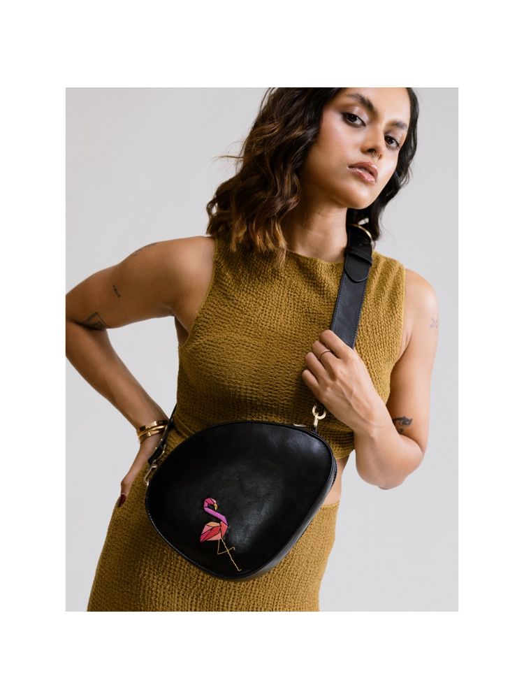 Miri Black Hand Embroidered Origami Flamingo Pebble Sling Bag-picture-19
