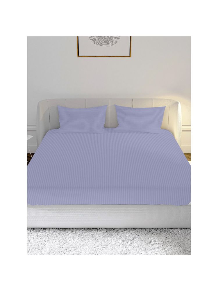 100% Cotton Satin 210TC Fitted Bedsheet with 2 Pillow Covers Stripe Pearl Blue (Queen)-image-4