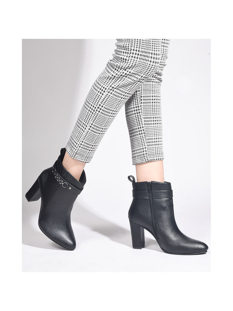 SHUZ TOUCH Block Heel Mid Black Ankle Length Boots-picture-14