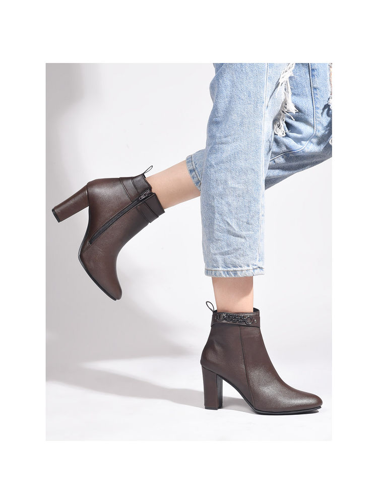 SHUZ TOUCH Block Heel Mid Brown Ankle Length Boots-picture-30