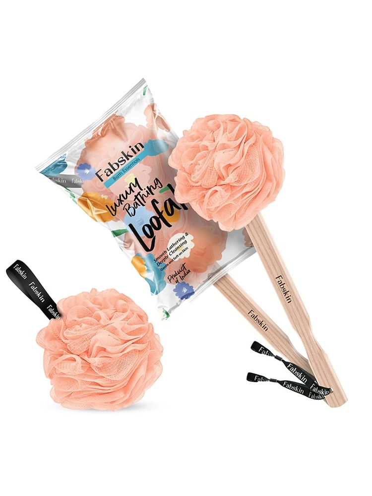 Fabskin Loofah Duo Pack - Bath Brush With Wooden Handle & Round Loofah - For Men & Women-Peach-picture-18