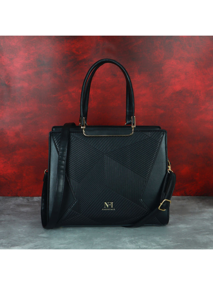 NFI Essentials Women Textured Black Satchel with Detachable Strap-image-43