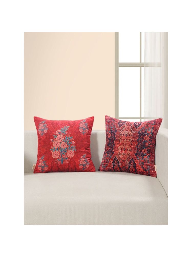 Swayam Red & Blue Floral Velvet Square Cushion Covers (Pack of 2) (16x16 Inches)-image-6