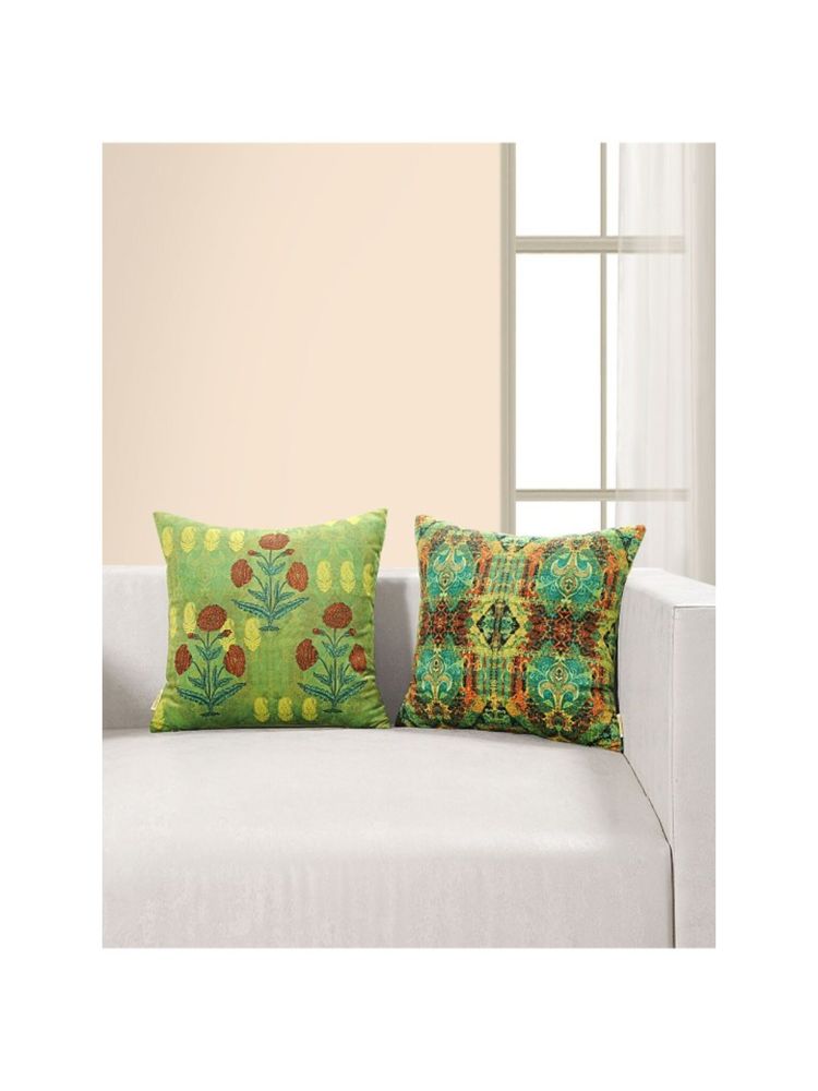 Swayam Green & Brown Floral Velvet Square Cushion Covers (Pack of 2) (16x16 Inches)-image-7